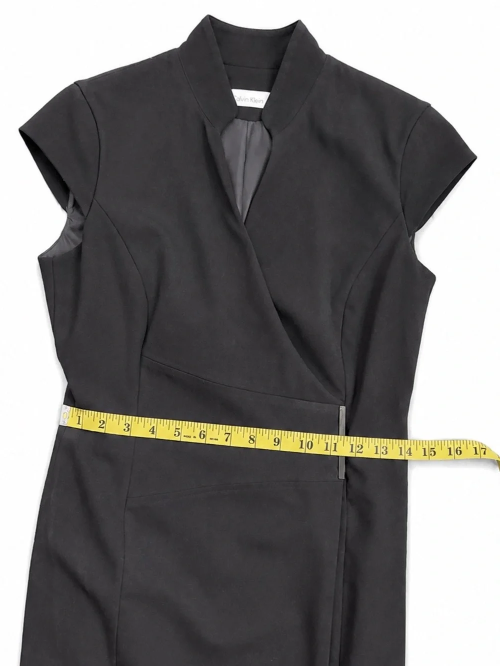 Calvin Klein (Carolyn Bassett) Style Black Cap-Sleeve Wrap Sheath Dress Size 2 - Picture 5 of 7